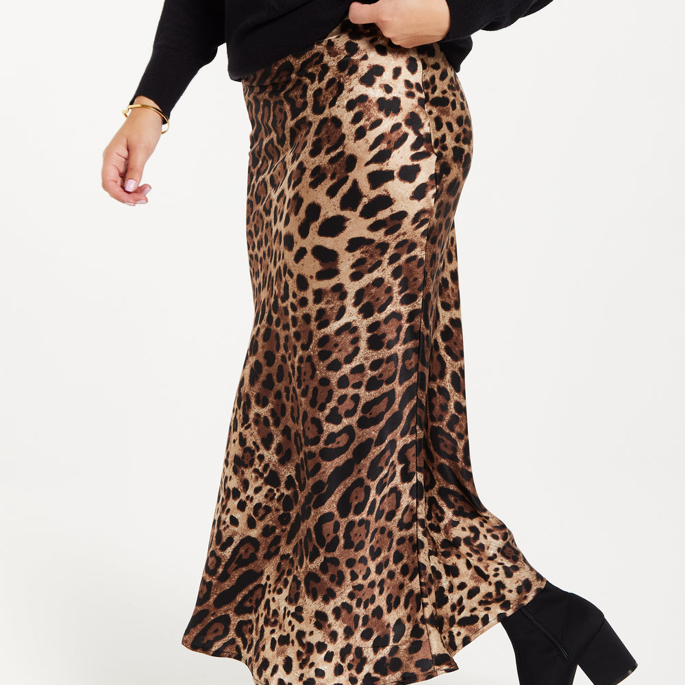 
                  
                    Liquorish Bias Cut Leopard Satin Midi Skirt
                  
                