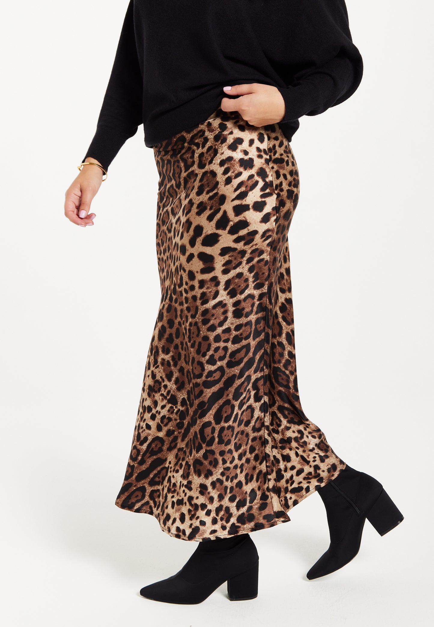 
                  
                    Liquorish Bias Cut Leopard Satin Midi Skirt
                  
                