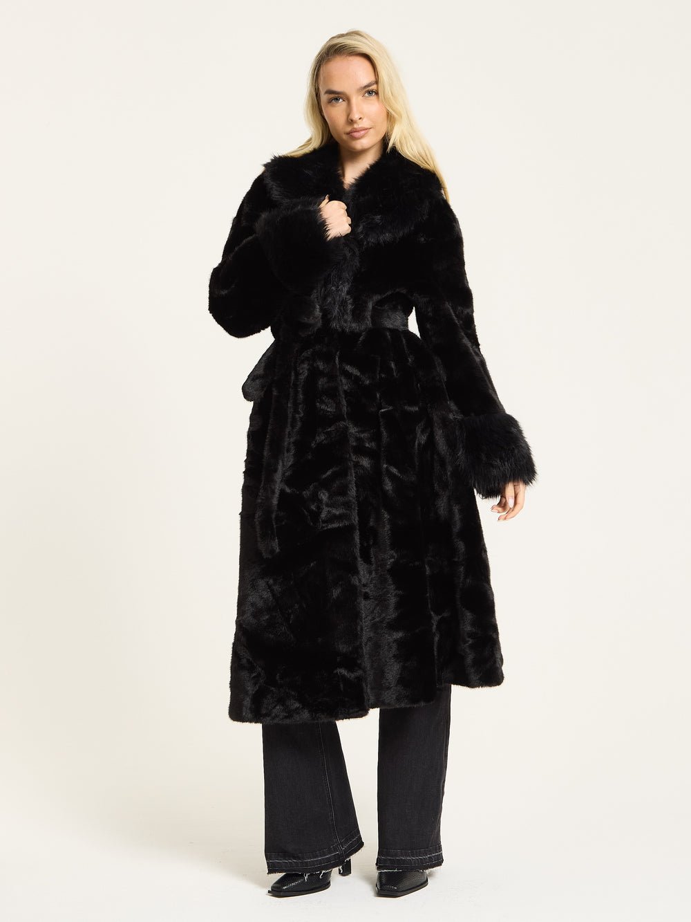 Black Longline Faux Fur Coat