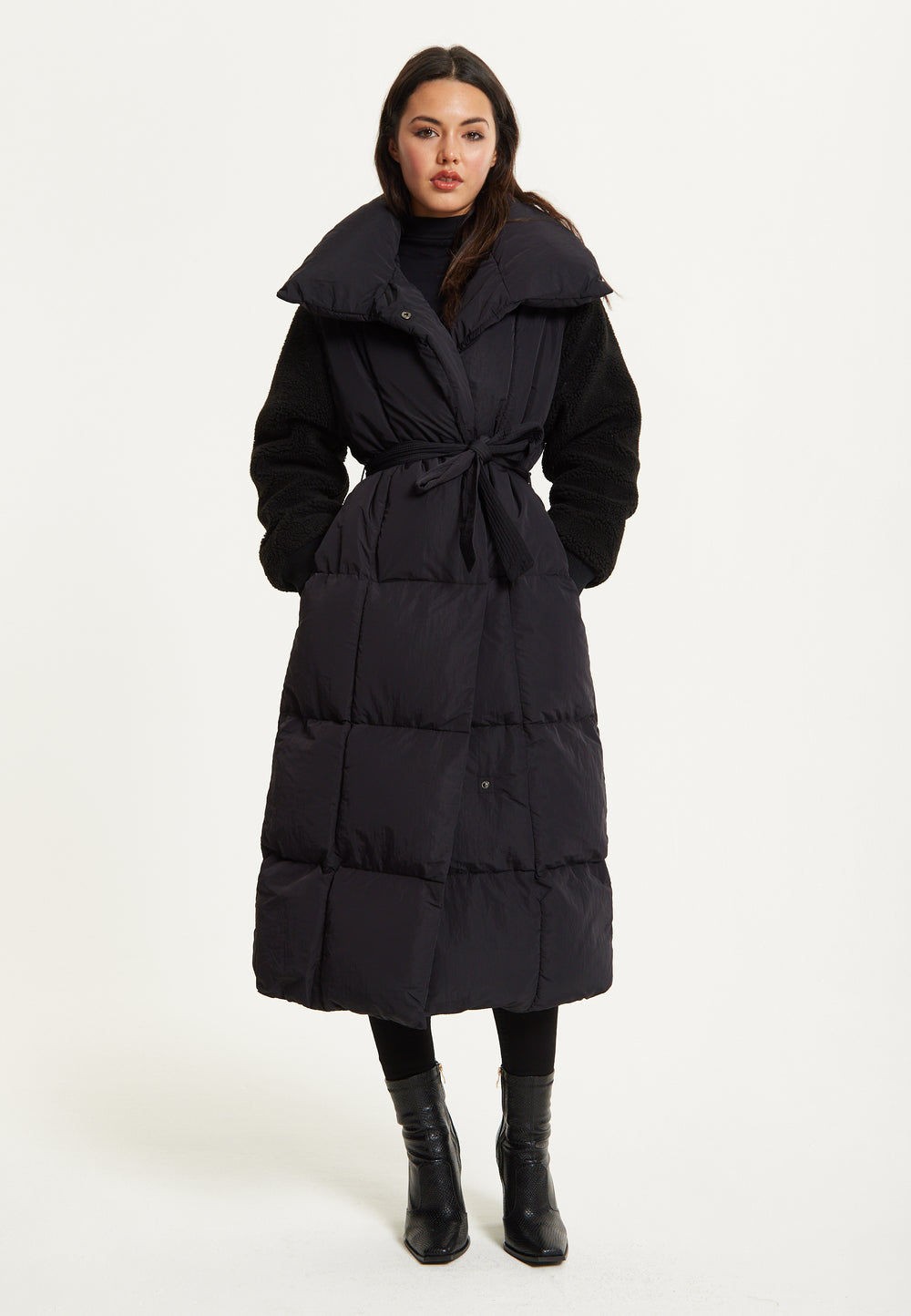 Black Longline Belted Puffer Coat