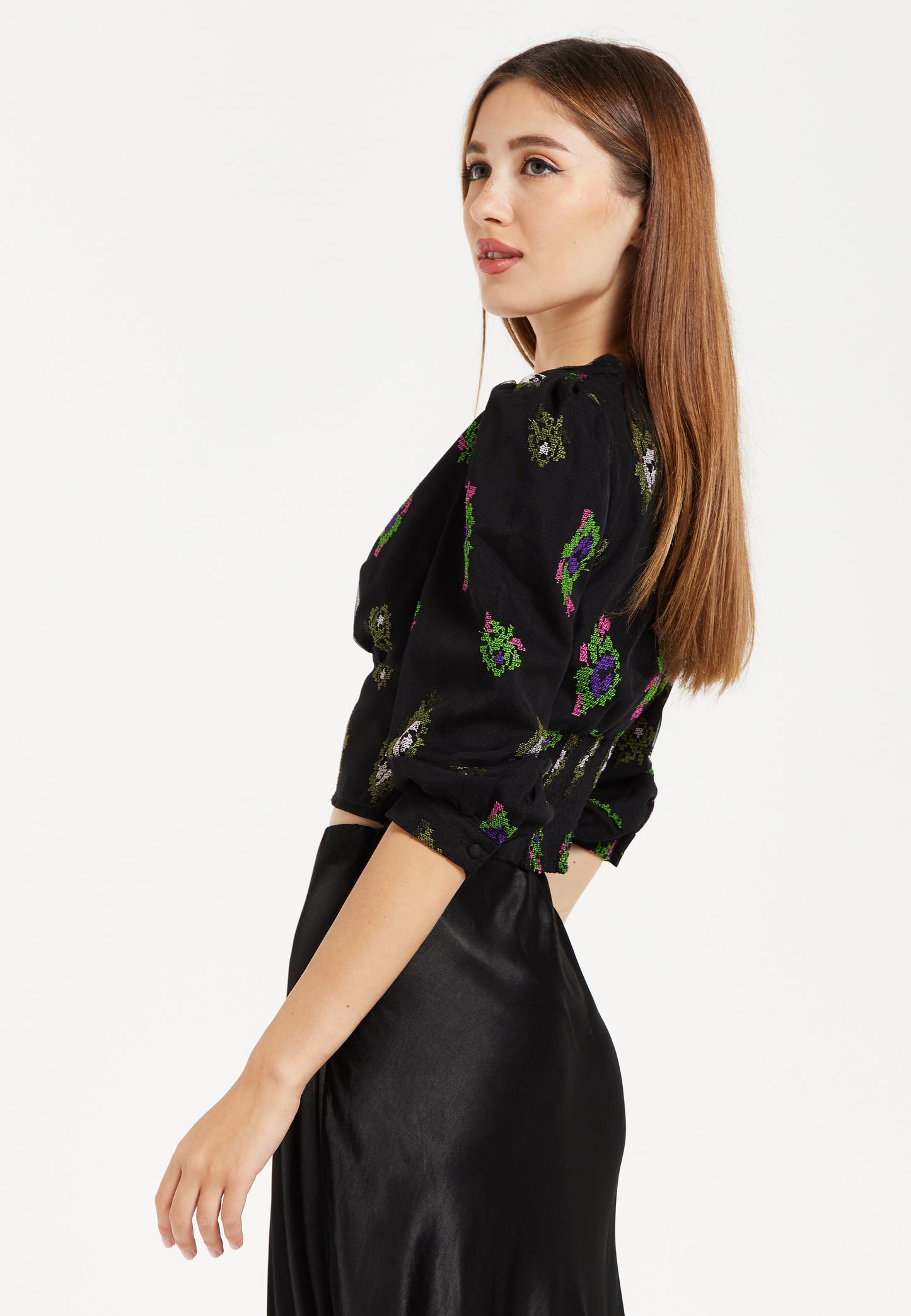 
                  
                    Liquorish Black Embroidered Top with Mesh Sleeves
                  
                