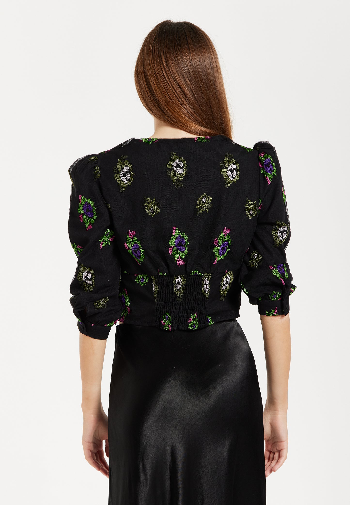 
                  
                    Liquorish Black Embroidered Top with Mesh Sleeves
                  
                