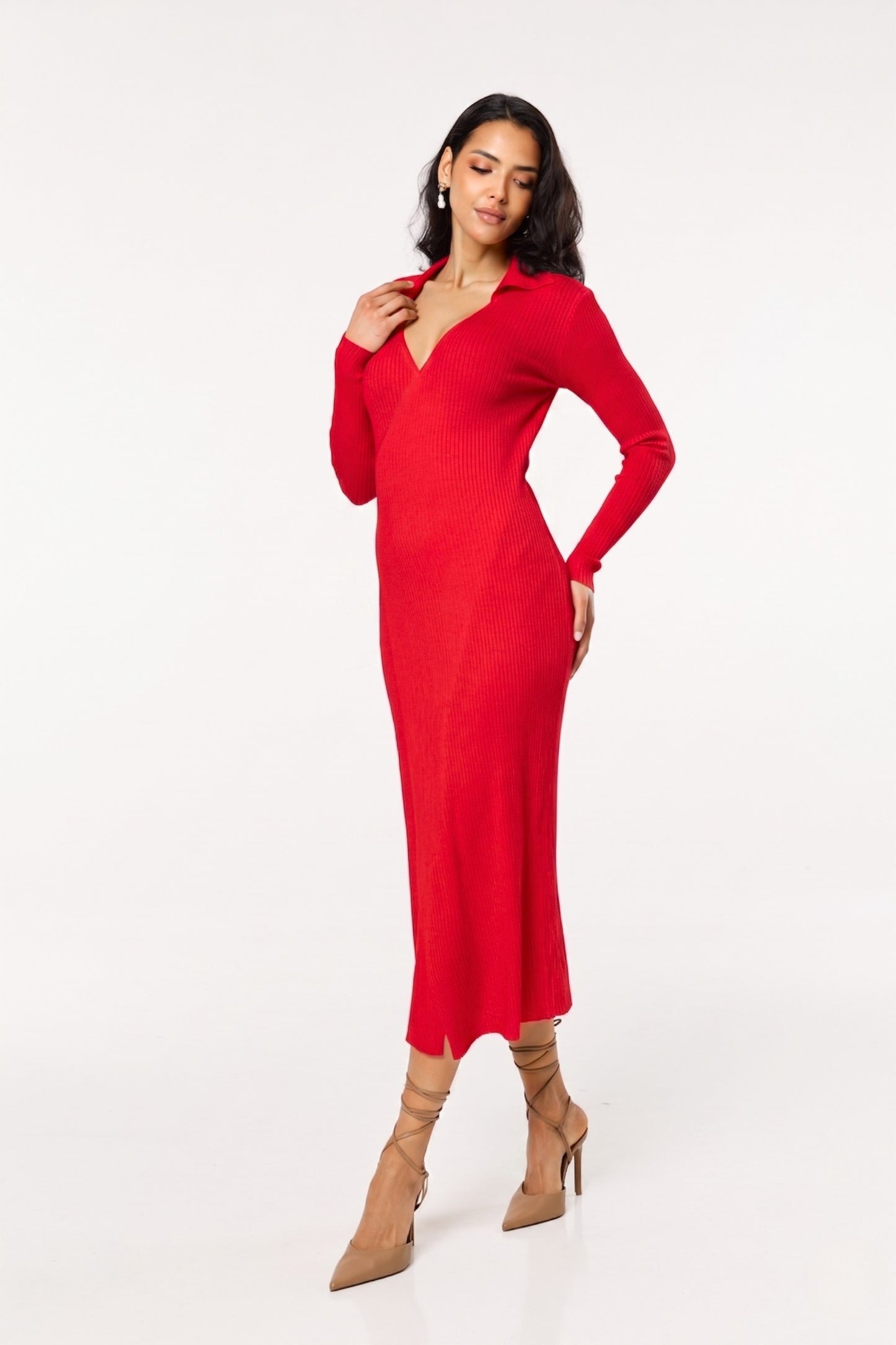 
                  
                    Red Ribbed Long Sleeve Wrap Midi Dress
                  
                