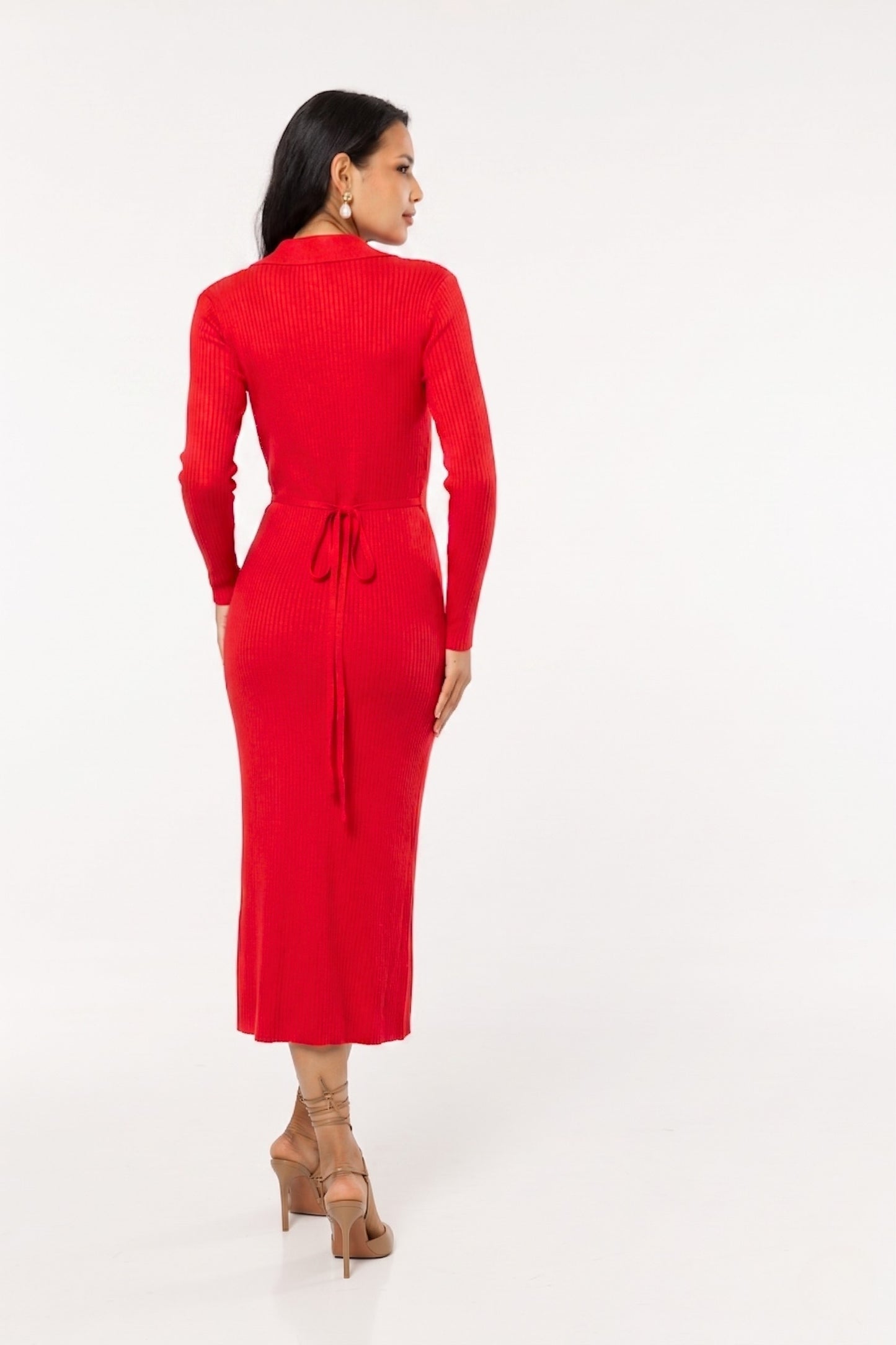 
                  
                    Red Ribbed Long Sleeve Wrap Midi Dress
                  
                