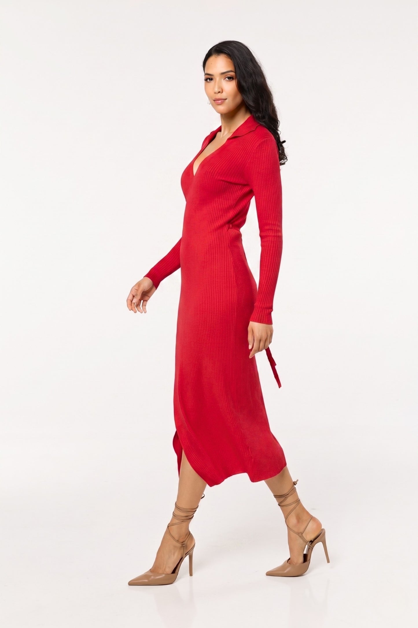 
                  
                    Red Ribbed Long Sleeve Wrap Midi Dress
                  
                