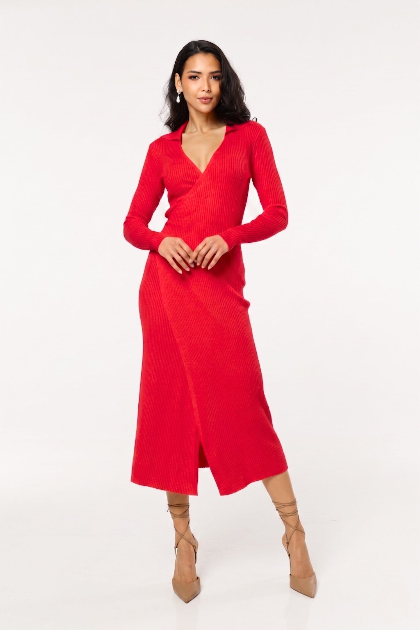 
                  
                    Red Ribbed Long Sleeve Wrap Midi Dress
                  
                