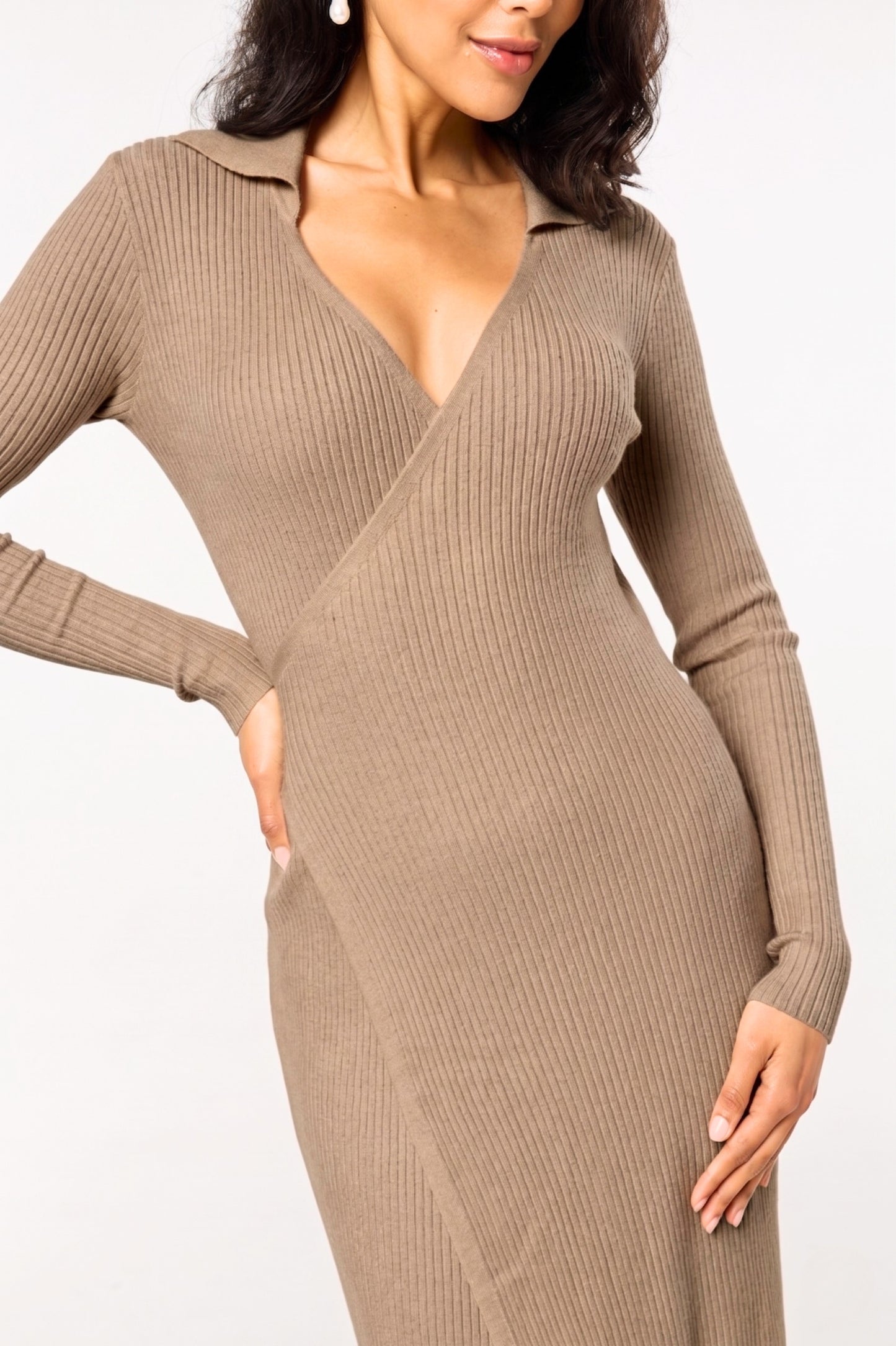 
                  
                    Taupe Ribbed Long Sleeve Wrap Midi Dress
                  
                