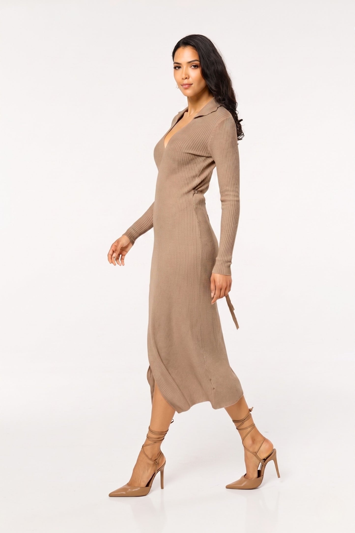 
                  
                    Taupe Ribbed Long Sleeve Wrap Midi Dress
                  
                