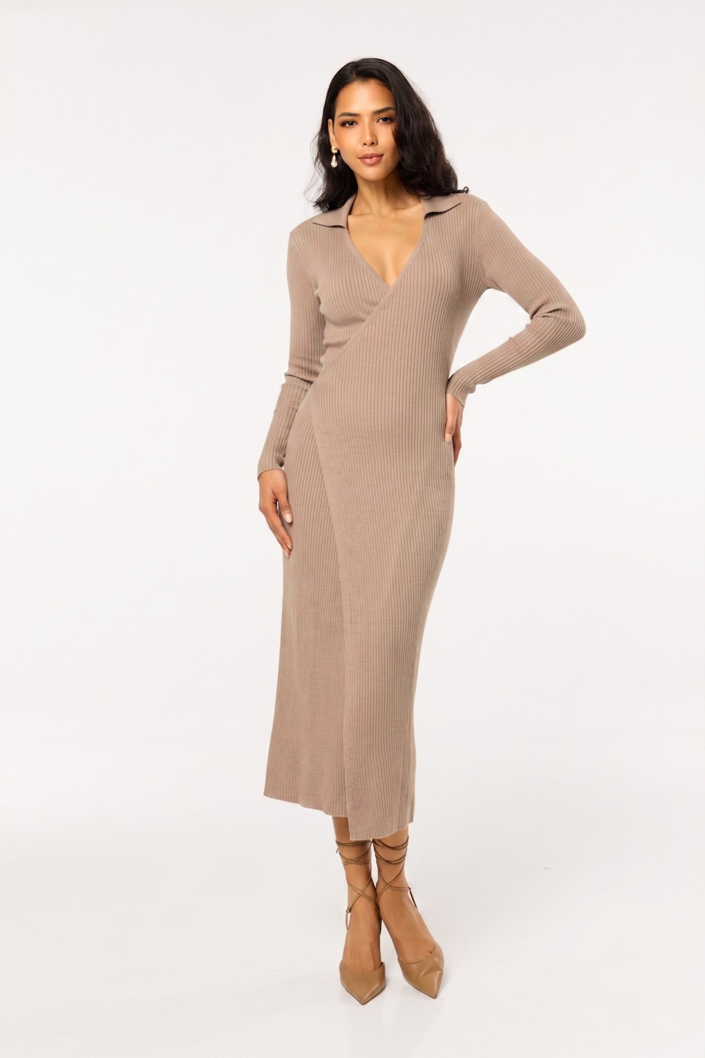 
                  
                    Taupe Ribbed Long Sleeve Wrap Midi Dress
                  
                