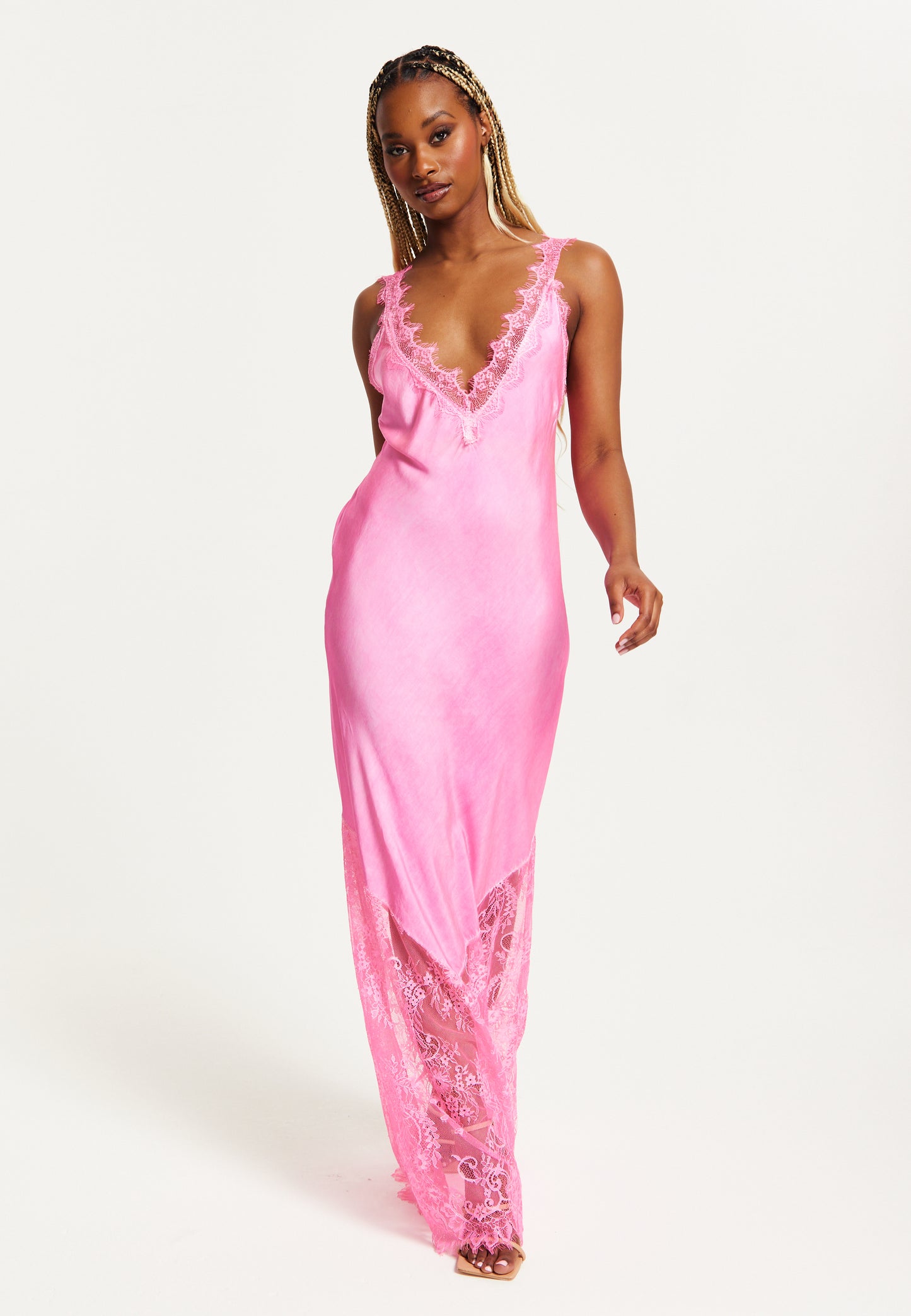 
                  
                    Liquorish Lace Detailed V-Neck Maxi Dress In Pink
                  
                