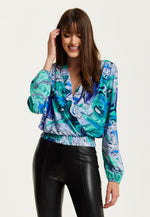 Liquorish Turquoise Marble Print Wrap Top
