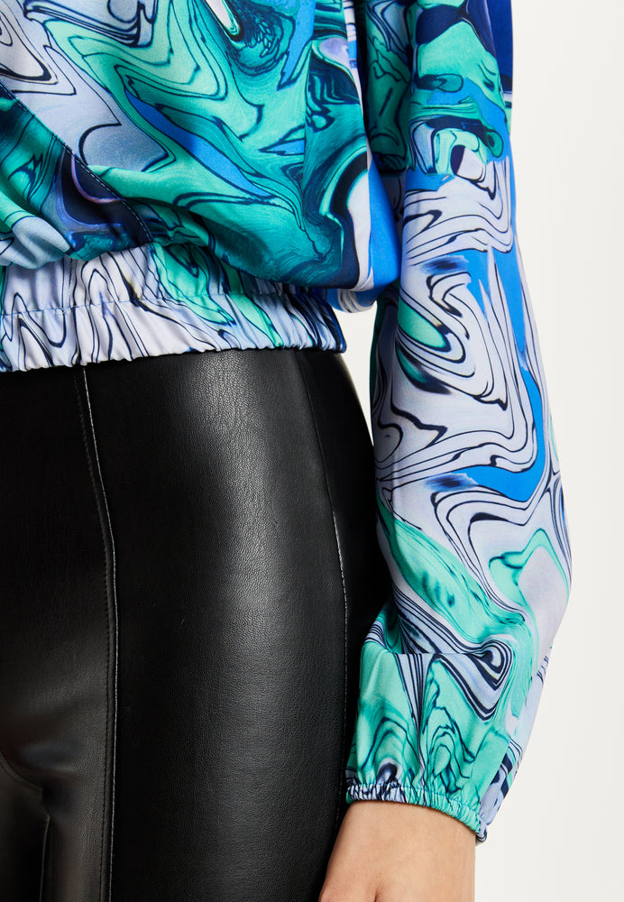 Liquorish Turquoise Marble Print Wrap Top