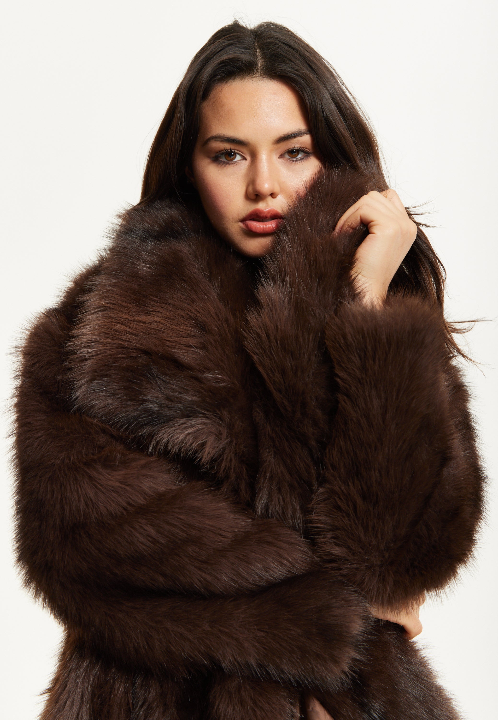 Fur Collar Chocolate Brown Fur Coat Chocolate Brown Faux Fur Midi