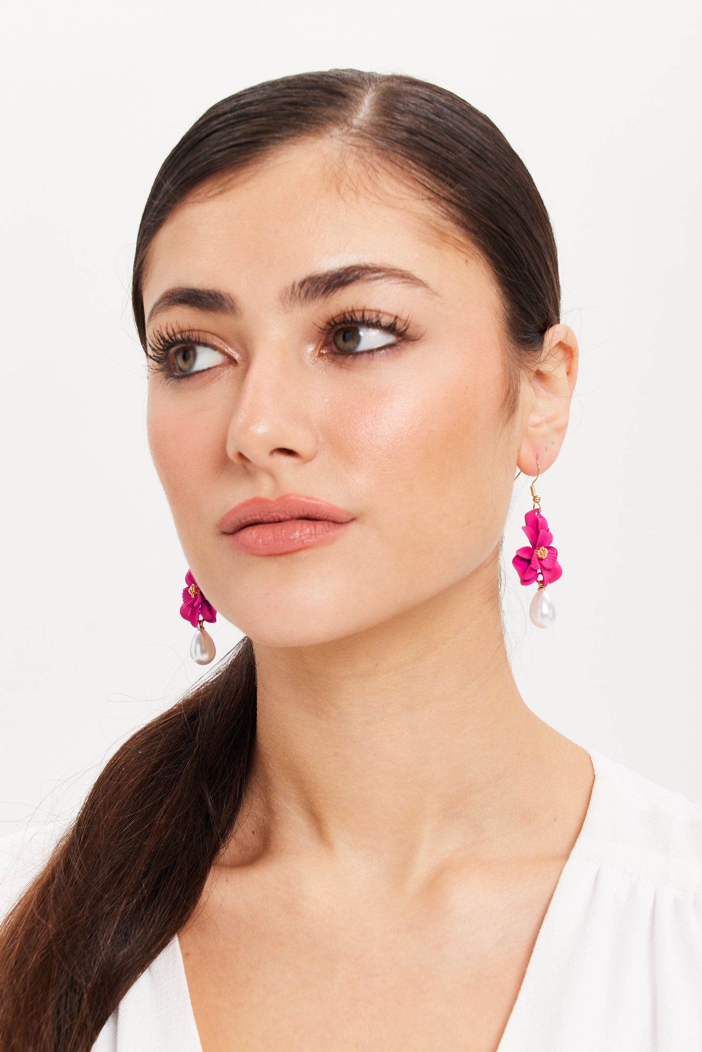 
                  
                    Liquorish Pink Flower Drop Earrings With Pearl Detail
                  
                