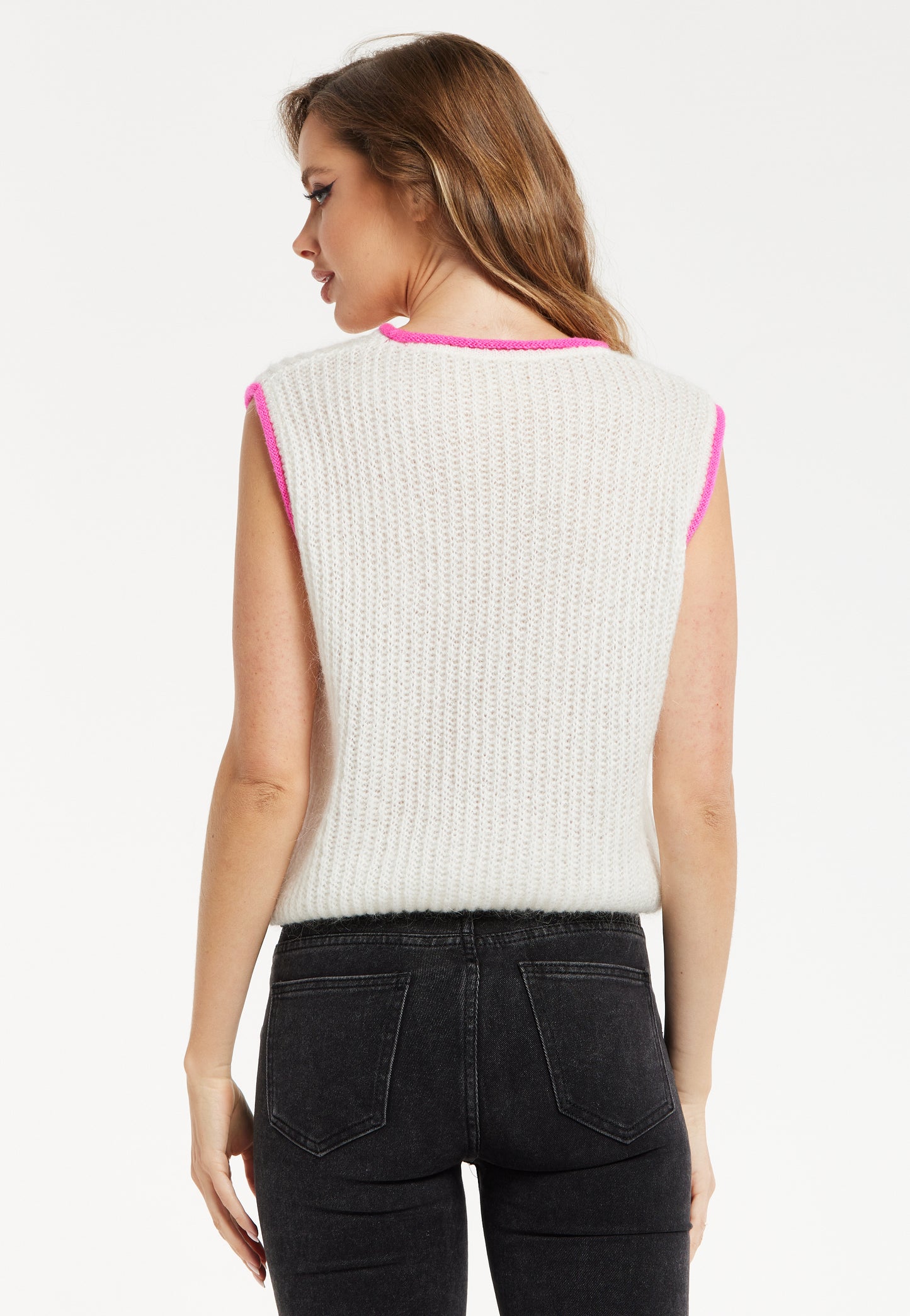 
                  
                    Liquorish Super Soft Sleeveless Ribbed Knit Sweater Vest - White&Pink
                  
                