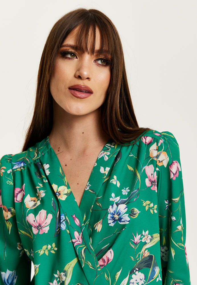 Liquorish Green Floral Print Wrap Top