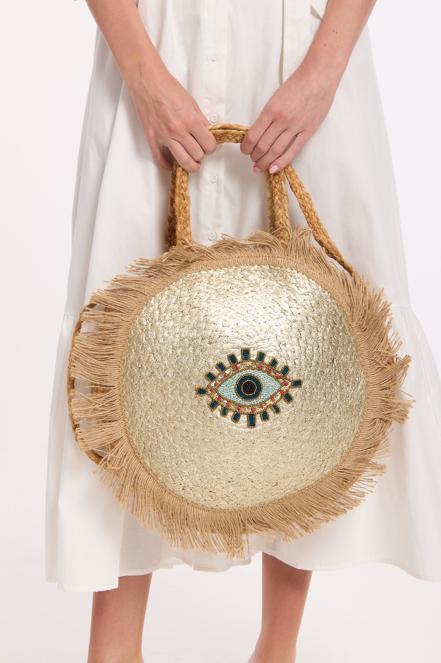 
                  
                    Evil Eye Sequin Round Fringe Jute Tote Bag
                  
                