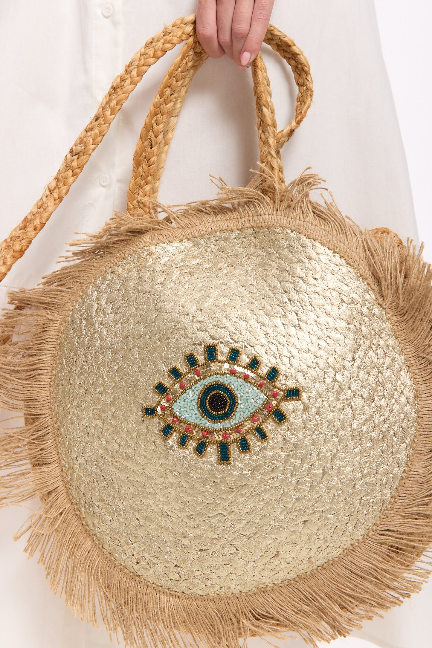 
                  
                    Evil Eye Sequin Round Fringe Jute Tote Bag
                  
                