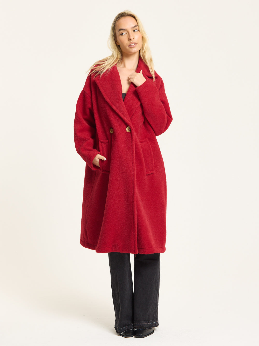Red Wool Blend Double Breasted Coat