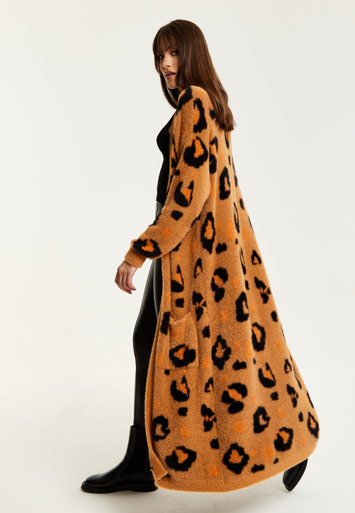 Liquorish Animal Pattern Longline Cardigan In Brown