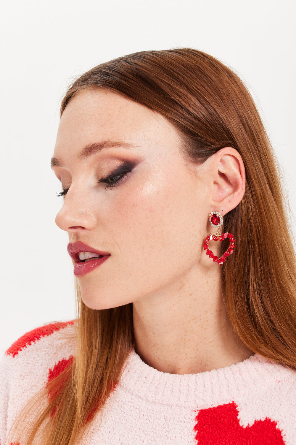 Liquorish Jewelled Drop Style Heart Earrings With Stone Details