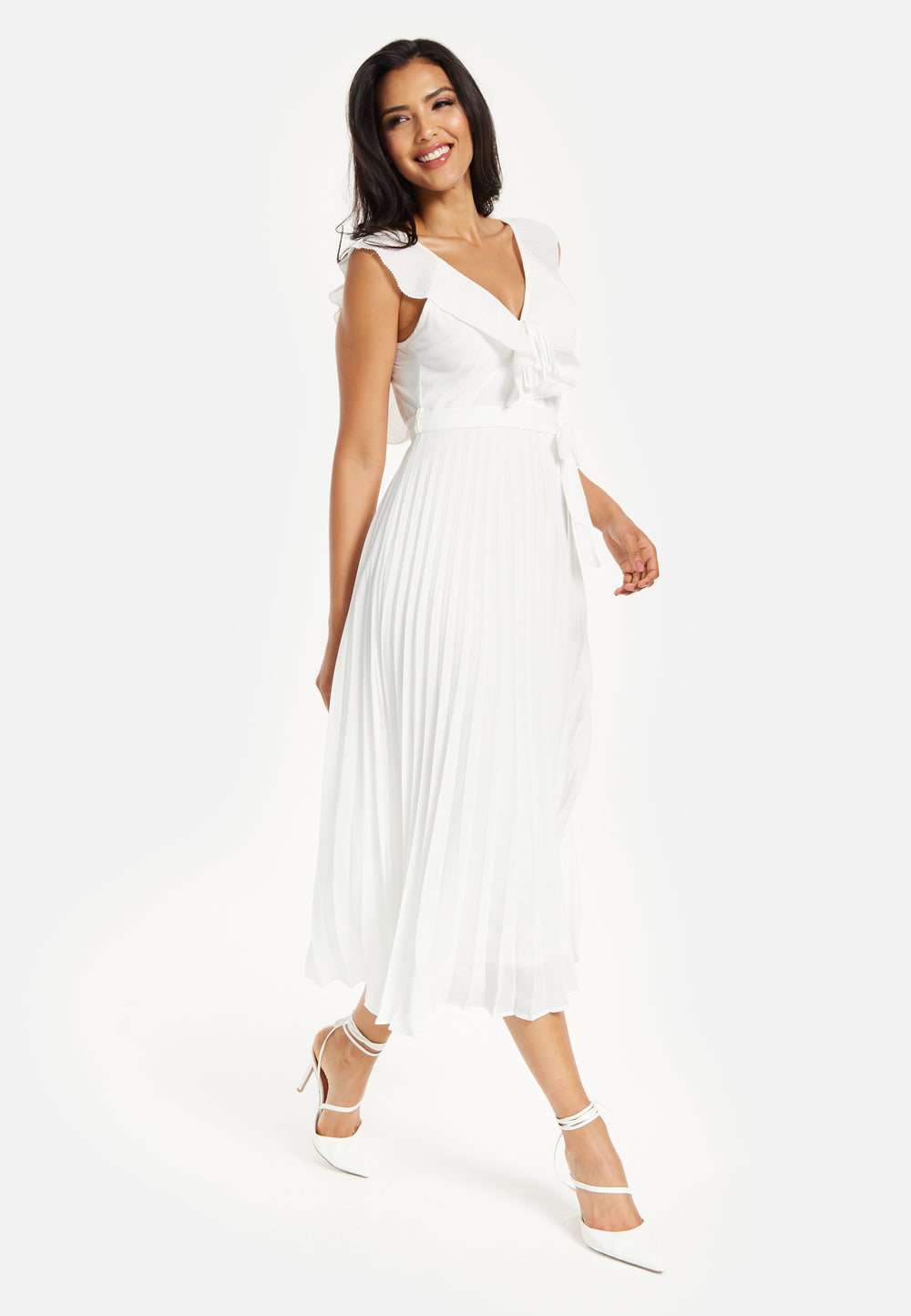 Women's Maxi Dress - White Frilled V Neck Sleeveless Pleated Design with Adjustable Tie Waist - Liquorish