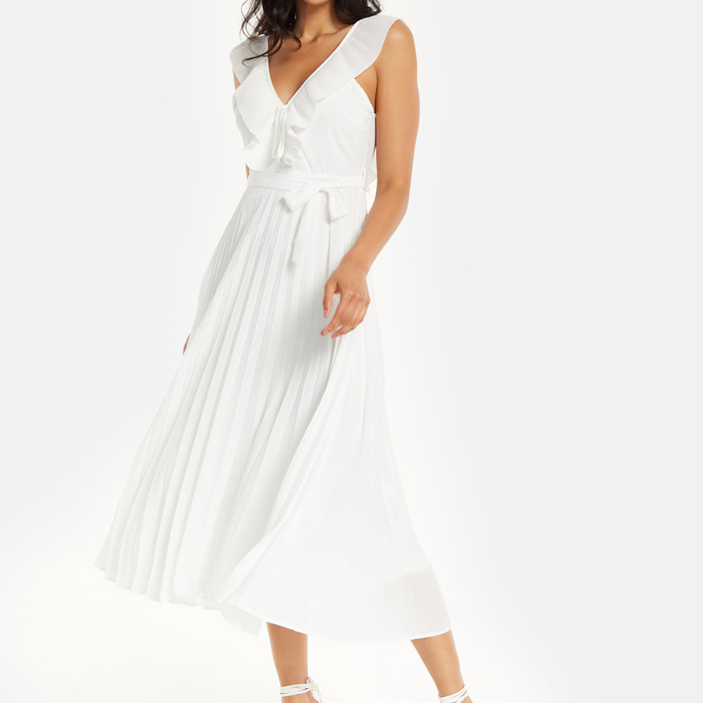 
                  
                    Women's Maxi Dress - White Frilled V Neck Sleeveless Pleated Design with Adjustable Tie Waist - Liquorish
                  
                