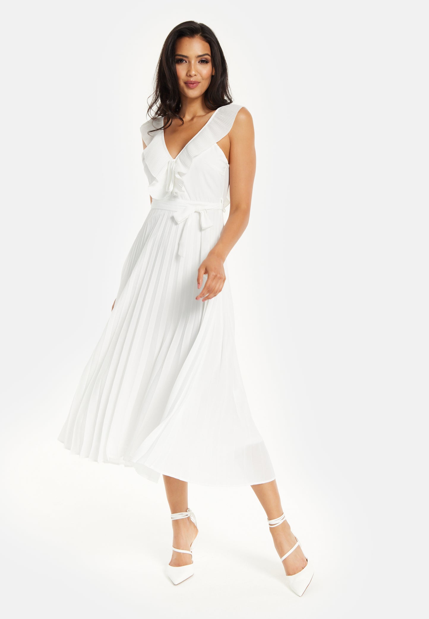 
                  
                    Women's Maxi Dress - White Frilled V Neck Sleeveless Pleated Design with Adjustable Tie Waist - Liquorish
                  
                