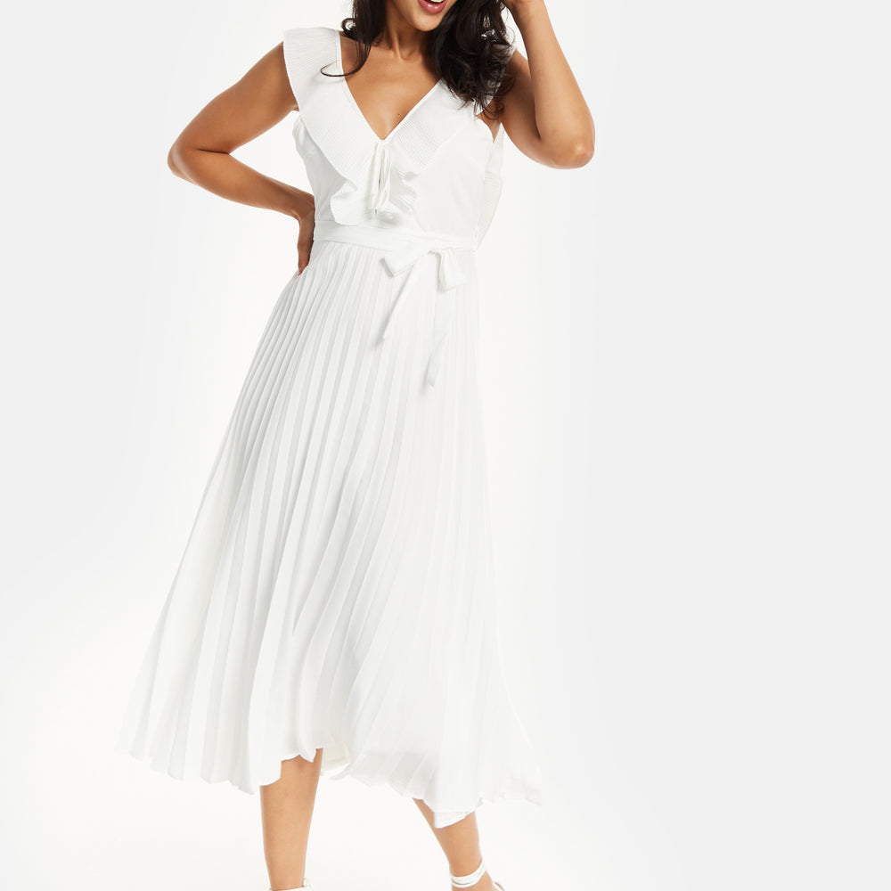 
                  
                    Women's Maxi Dress - White Frilled V Neck Sleeveless Pleated Design with Adjustable Tie Waist - Liquorish
                  
                