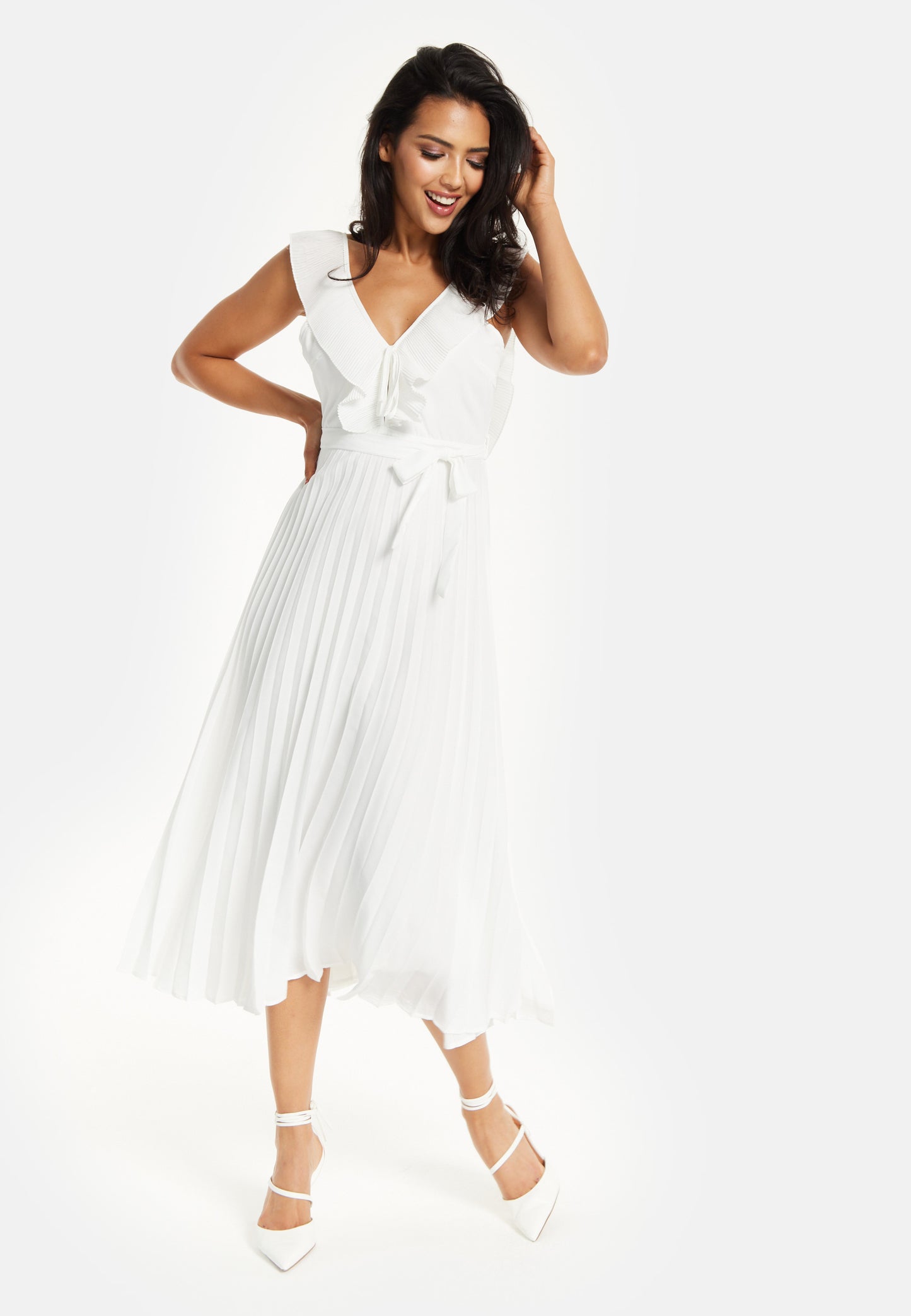 
                  
                    Women's Maxi Dress - White Frilled V Neck Sleeveless Pleated Design with Adjustable Tie Waist - Liquorish
                  
                