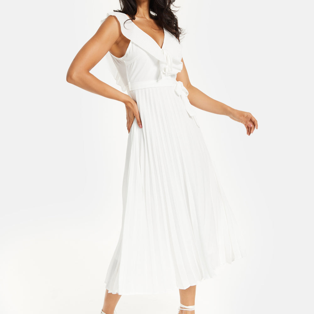 
                  
                    Women's Maxi Dress - White Frilled V Neck Sleeveless Pleated Design with Adjustable Tie Waist - Liquorish
                  
                