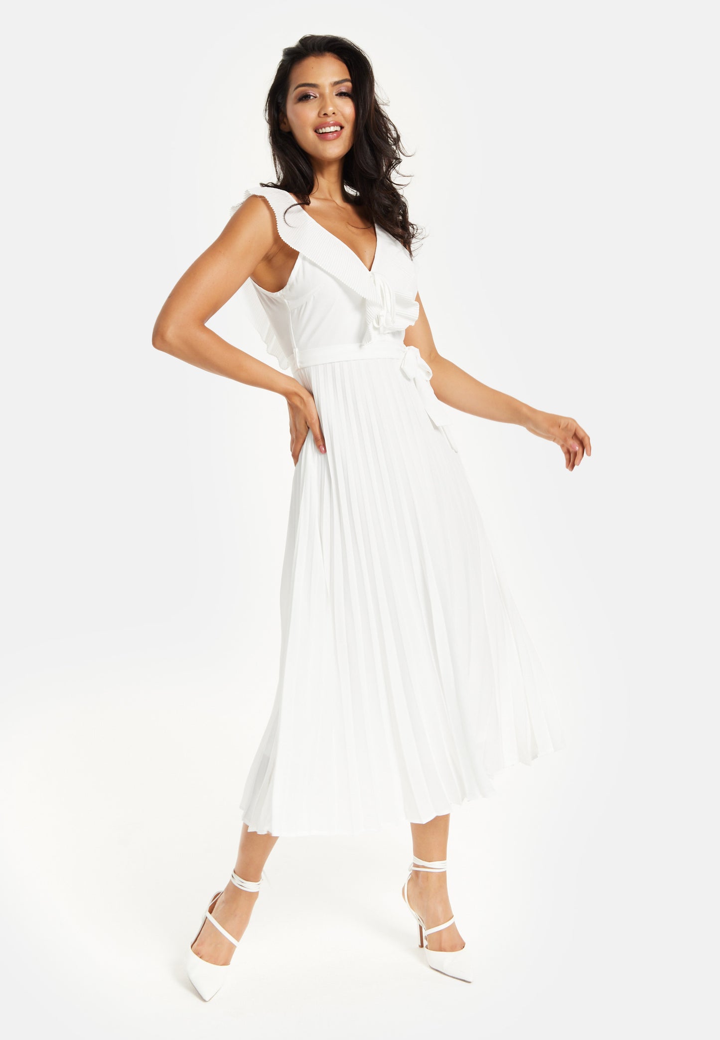 
                  
                    Women's Maxi Dress - White Frilled V Neck Sleeveless Pleated Design with Adjustable Tie Waist - Liquorish
                  
                