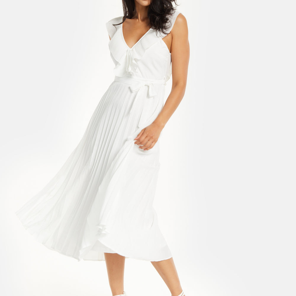 
                  
                    Women's Maxi Dress - White Frilled V Neck Sleeveless Pleated Design with Adjustable Tie Waist - Liquorish
                  
                