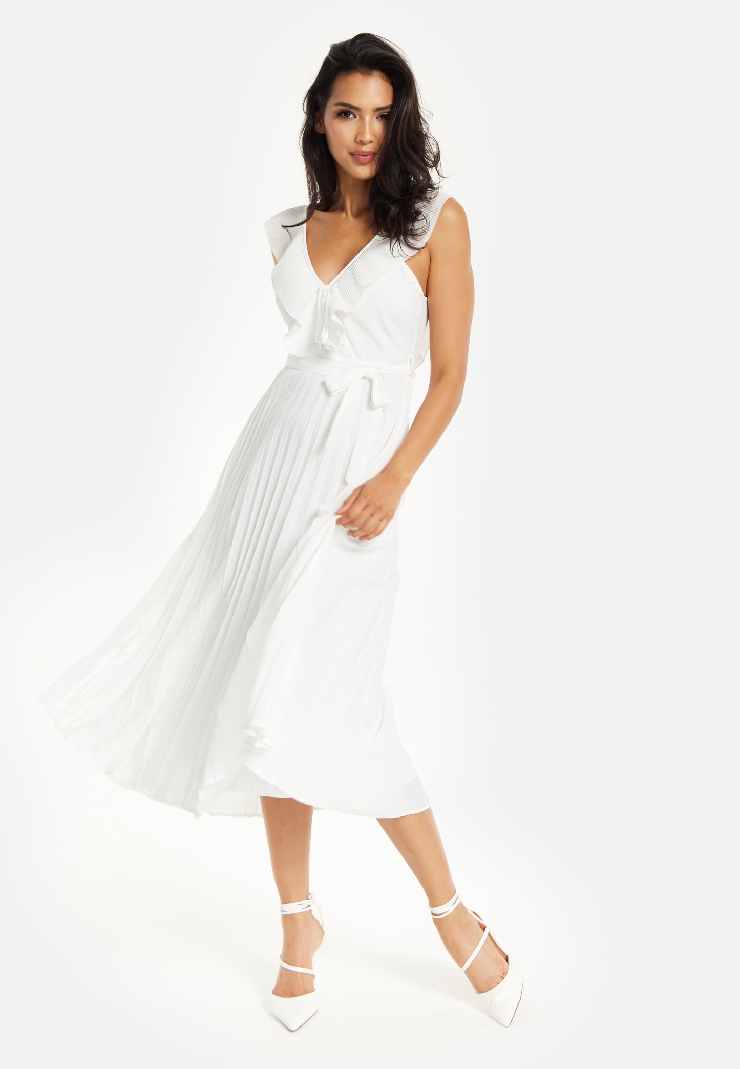 
                  
                    Women's Maxi Dress - White Frilled V Neck Sleeveless Pleated Design with Adjustable Tie Waist - Liquorish
                  
                