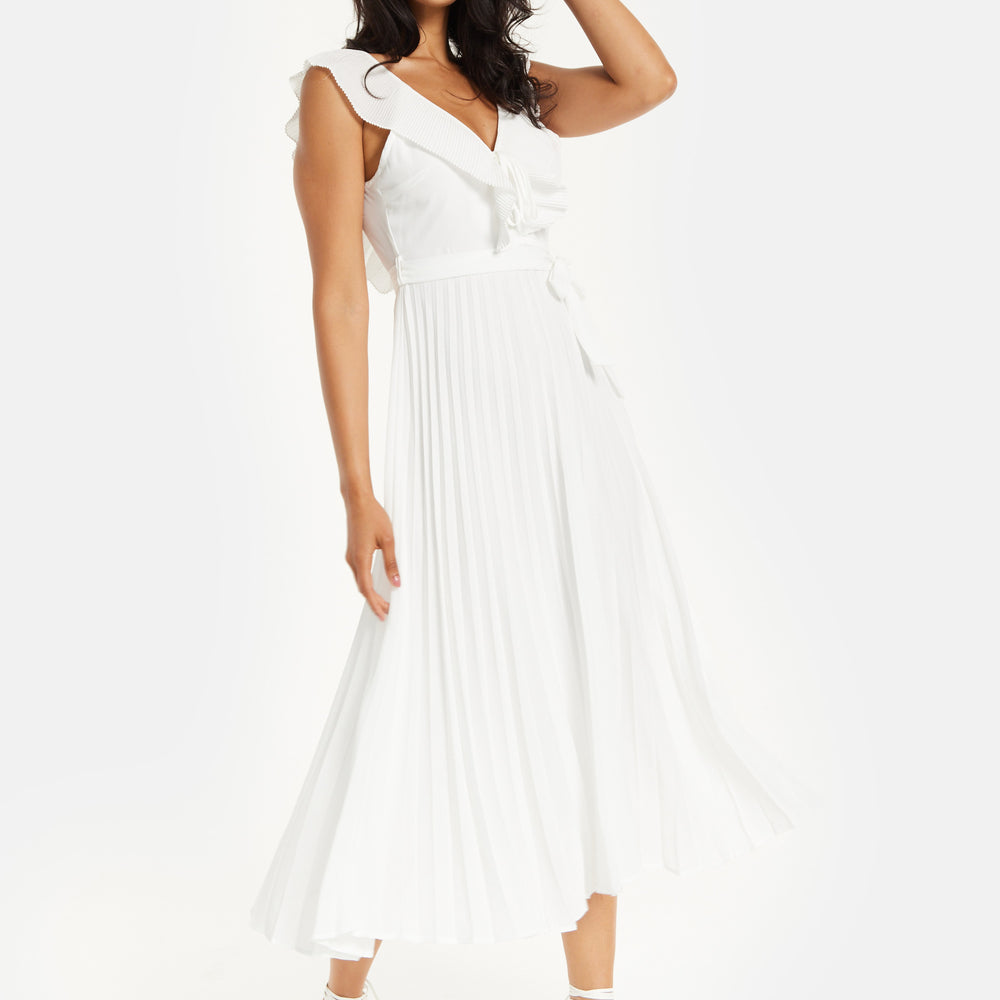 
                  
                    Women's Maxi Dress - White Frilled V Neck Sleeveless Pleated Design with Adjustable Tie Waist - Liquorish
                  
                