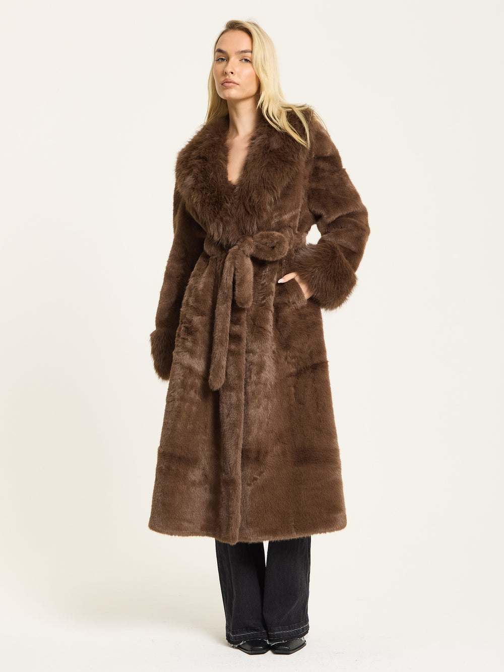 Brown Longline Faux Fur Coat