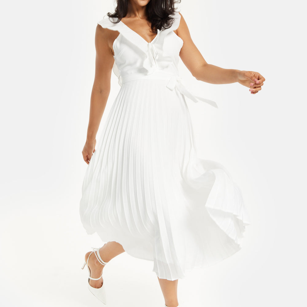 
                  
                    Women's Maxi Dress - White Frilled V Neck Sleeveless Pleated Design with Adjustable Tie Waist - Liquorish
                  
                