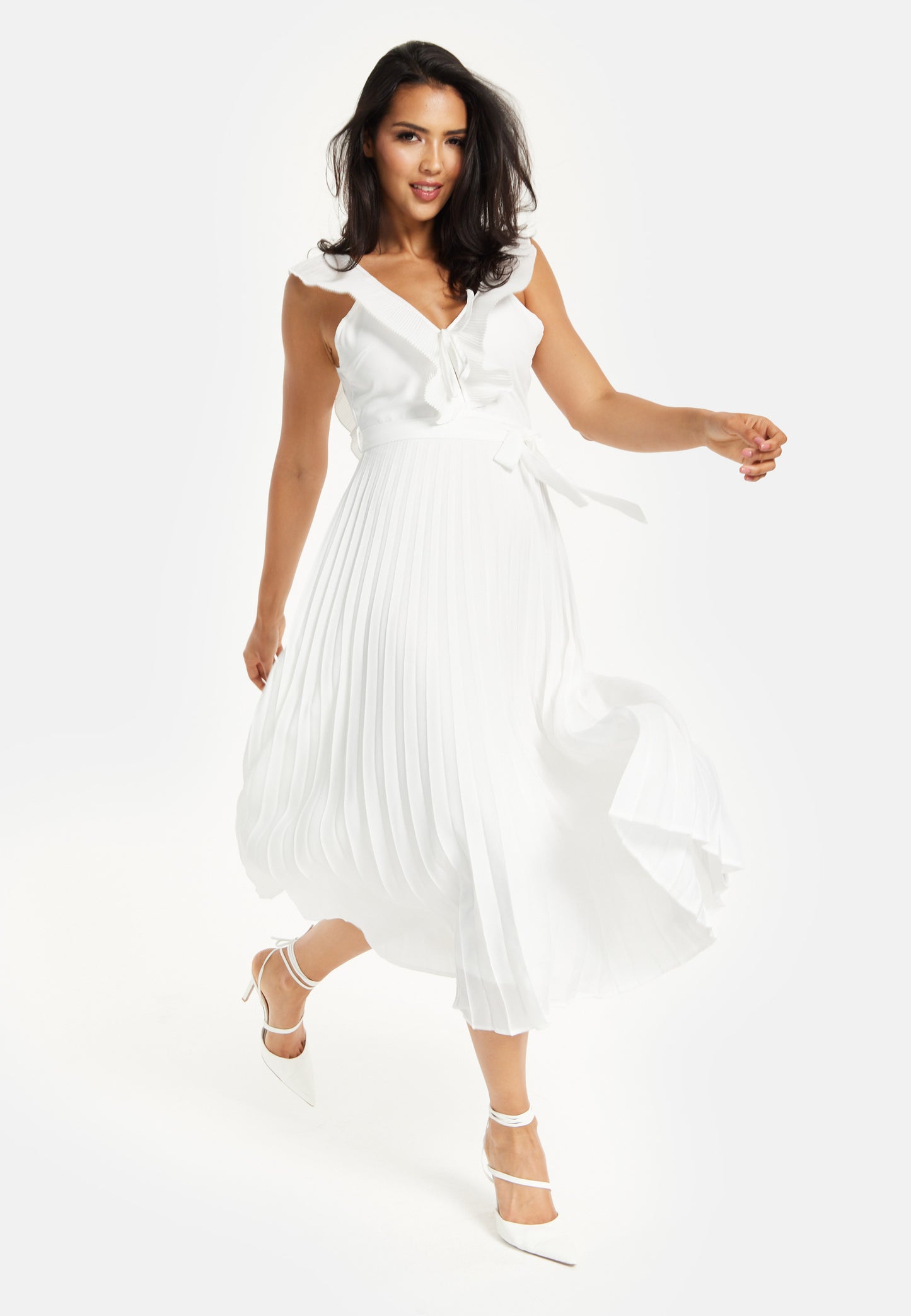 
                  
                    Women's Maxi Dress - White Frilled V Neck Sleeveless Pleated Design with Adjustable Tie Waist - Liquorish
                  
                