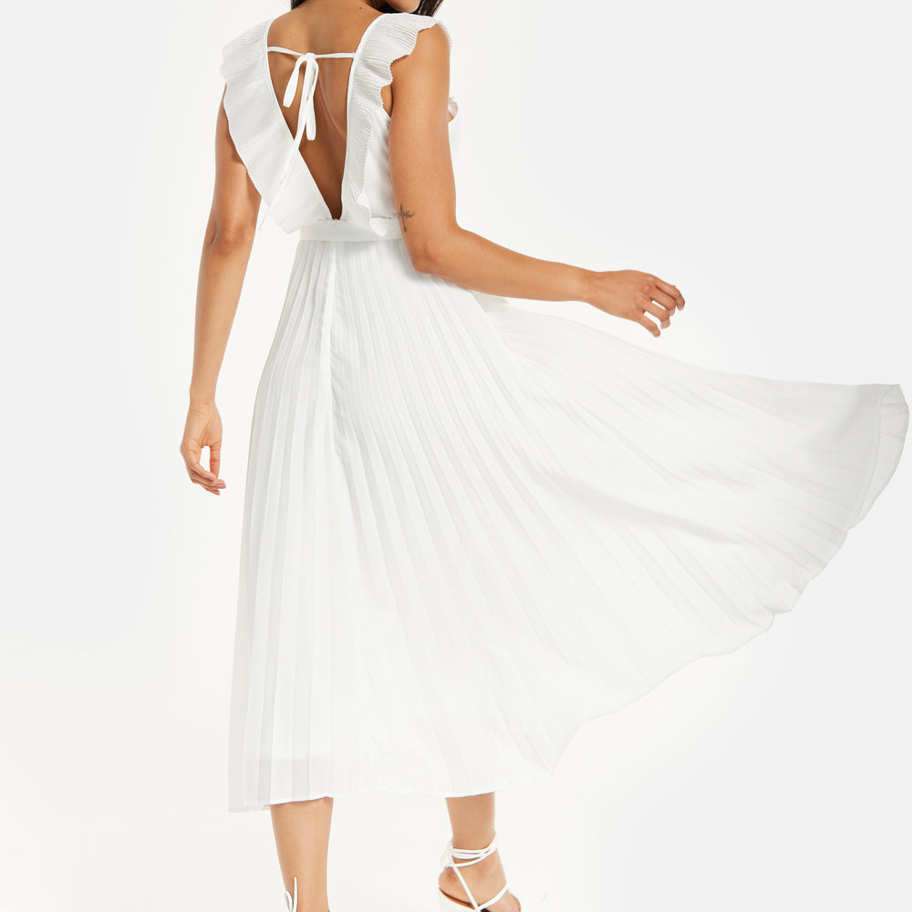 
                  
                    Women's Maxi Dress - White Frilled V Neck Sleeveless Pleated Design with Adjustable Tie Waist - Liquorish
                  
                