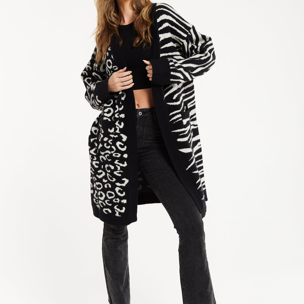 
                  
                    Liquorish Animal-Print Contrast Long Cardigan in Multi-coloured
                  
                