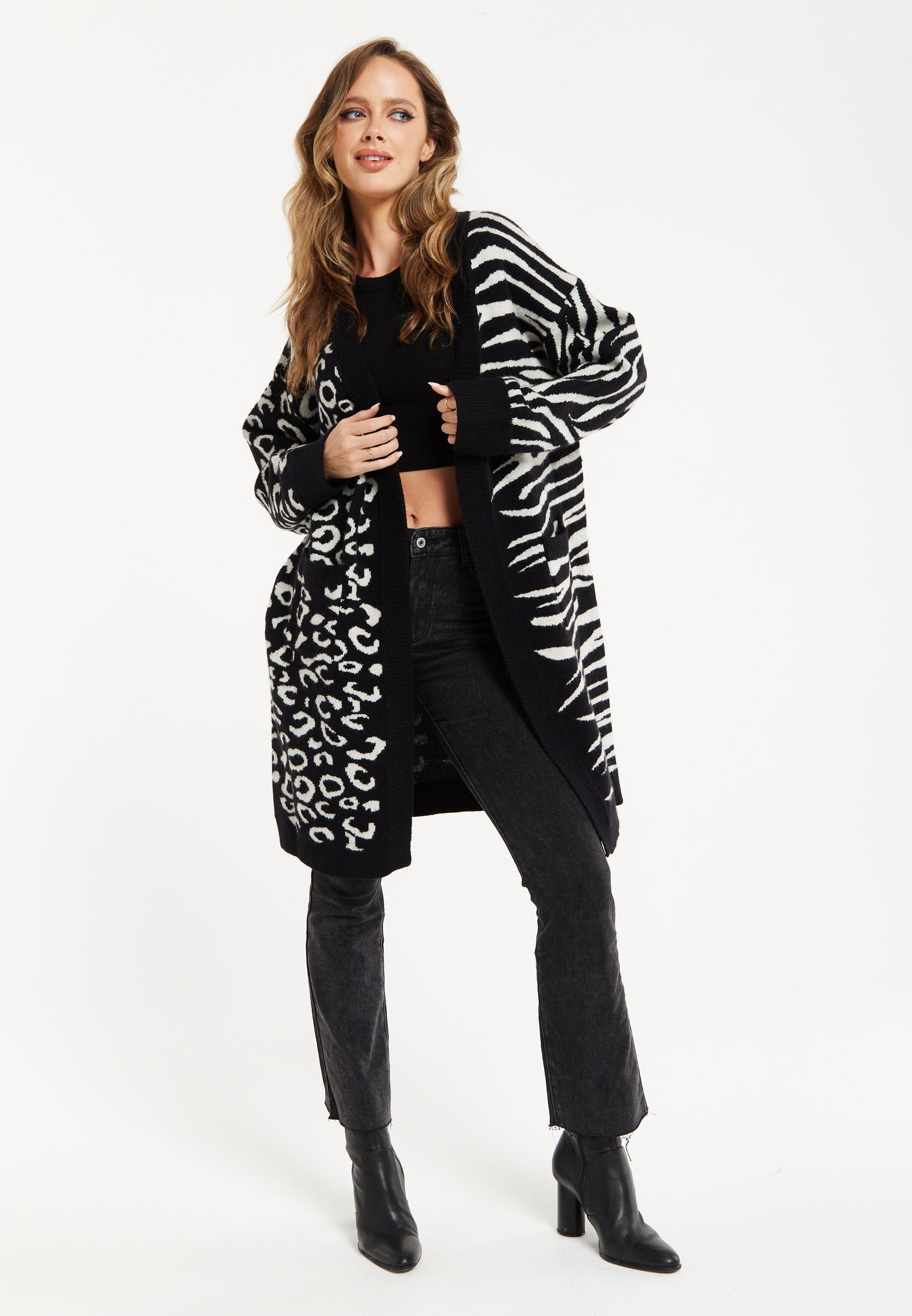 
                  
                    Liquorish Animal-Print Contrast Long Cardigan in Multi-coloured
                  
                