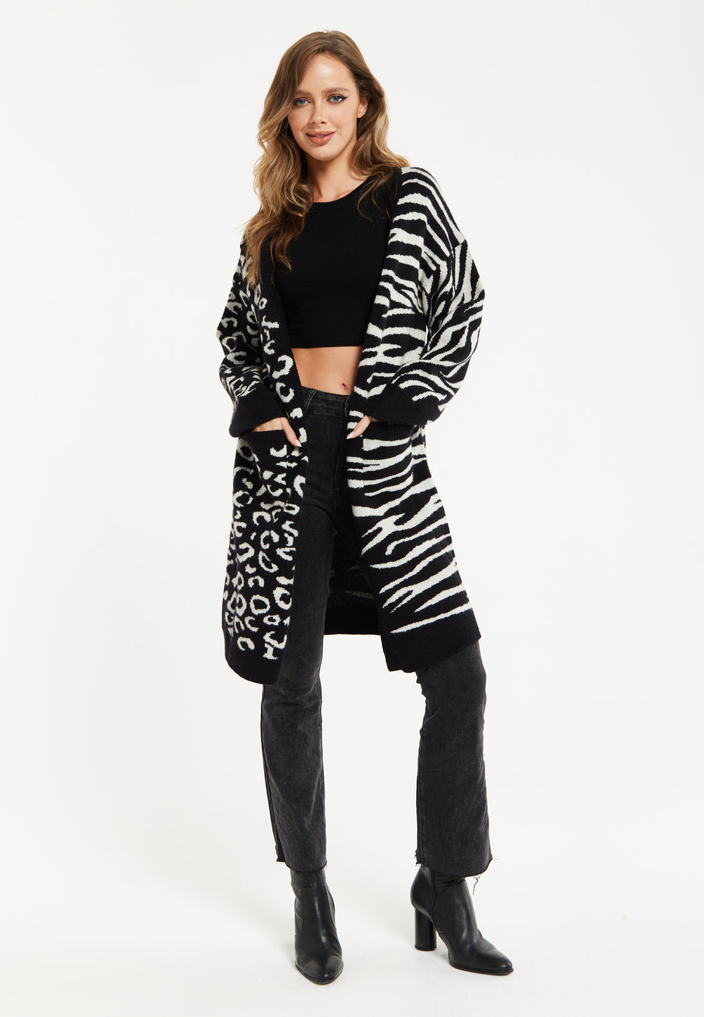 Liquorish Animal-Print Contrast Long Cardigan in Multi-coloured