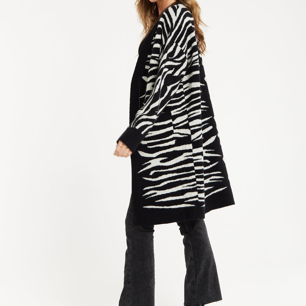 
                  
                    Liquorish Animal-Print Contrast Long Cardigan in Multi-coloured
                  
                