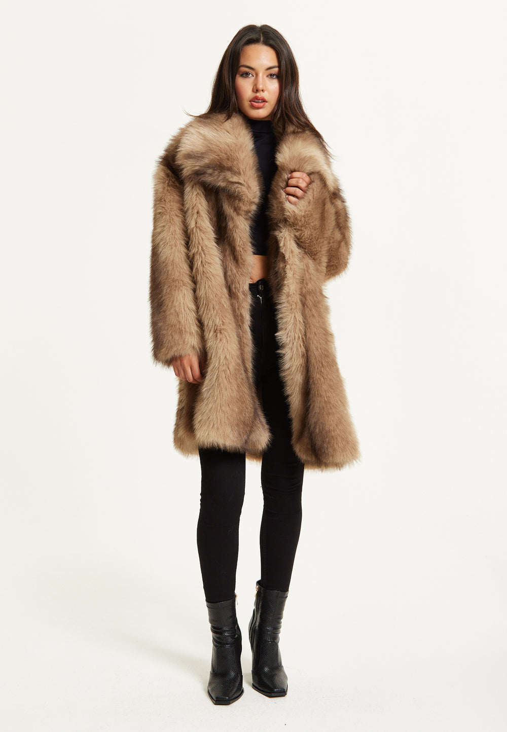 Camel Faux Fur Midi Coat