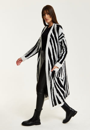 Liquorish Longline Cardigan In Black And White Zebra Pattern