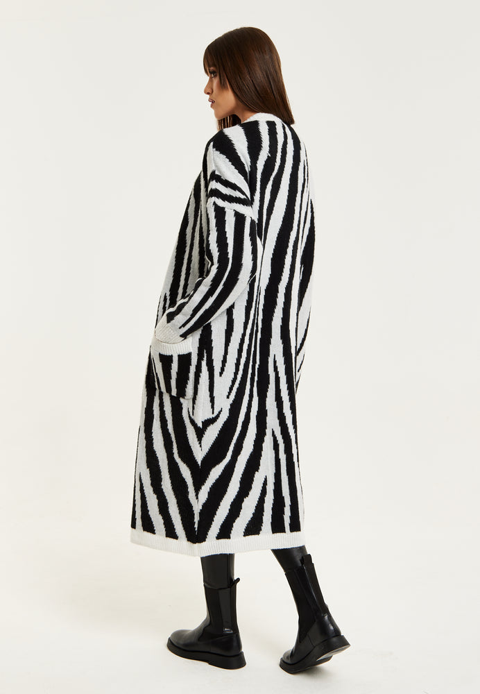 Liquorish Longline Cardigan In Black And White Zebra Pattern