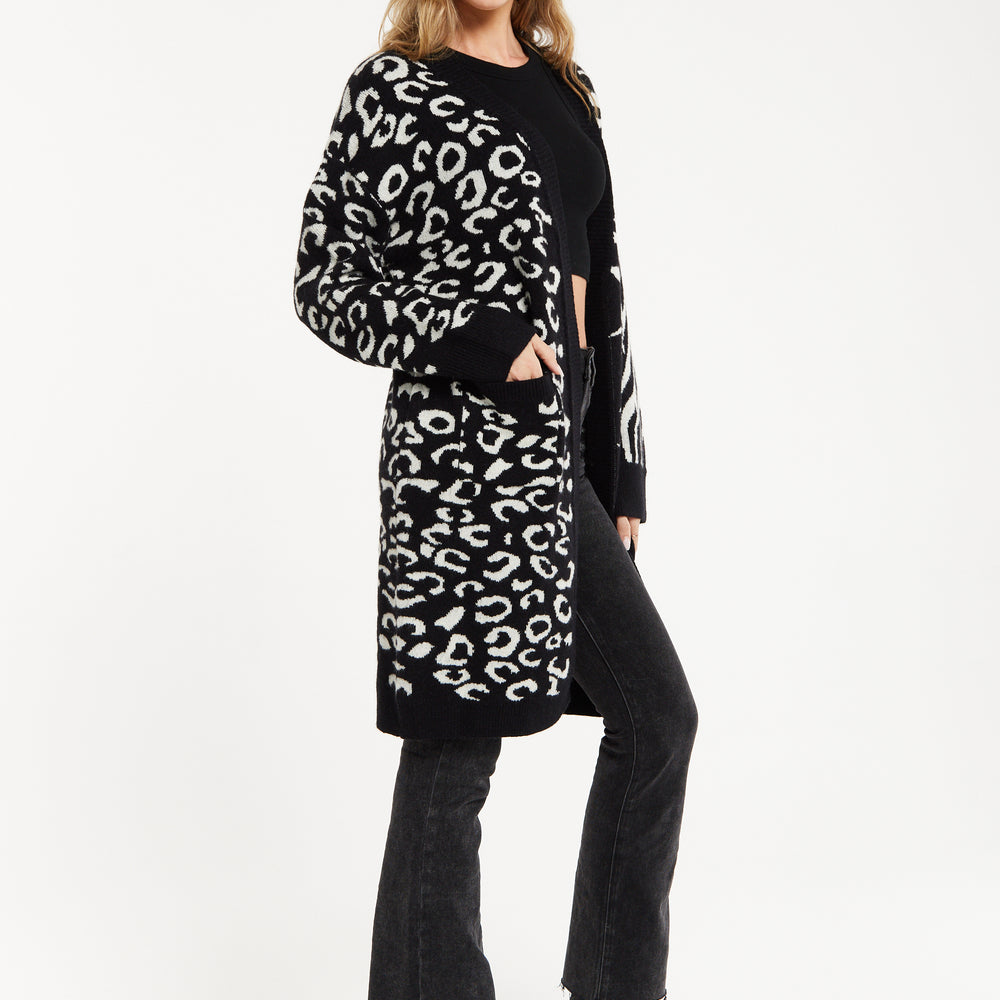 
                  
                    Liquorish Animal-Print Contrast Long Cardigan in Multi-coloured
                  
                