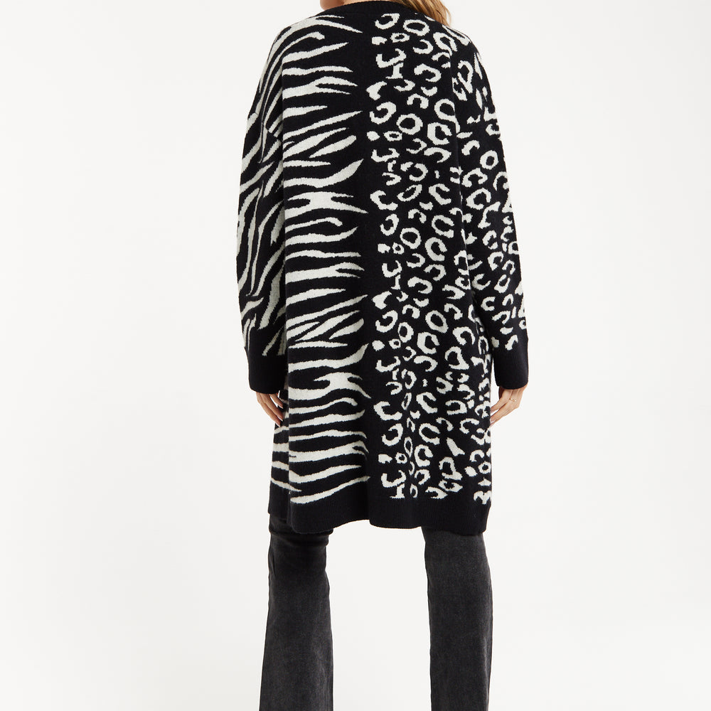 
                  
                    Liquorish Animal-Print Contrast Long Cardigan in Multi-coloured
                  
                