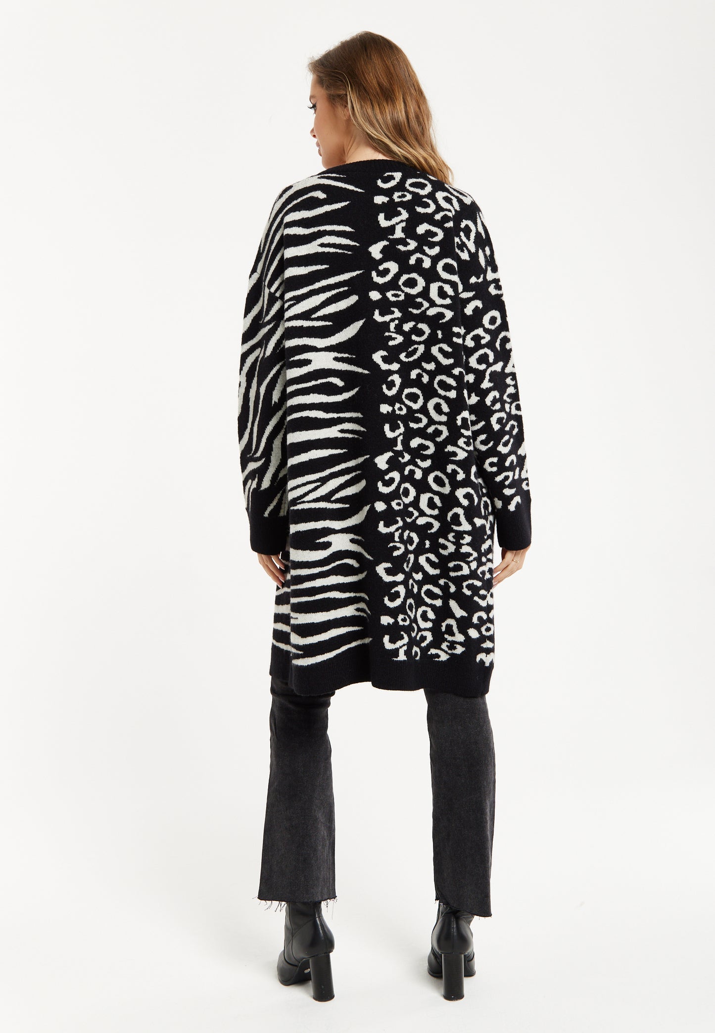 
                  
                    Liquorish Animal-Print Contrast Long Cardigan in Multi-coloured
                  
                