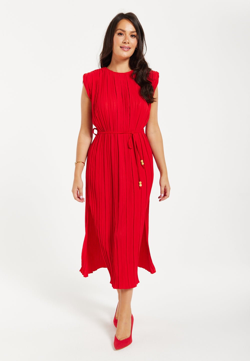 Women's Midi Dress with Sleeves - Flattering Pleated Red Design with Waist Tie - Stylish Elegance by Liquorish